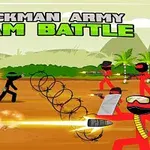 Figuri stilizate de stickman negre și roșii luptându-se pe un câmp cu sârmă ghimpată și vegetație în fundal