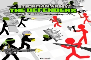 Desen animat cu personaje stickman negre și roșii echipate cu diverse arme și echipamente de luptă