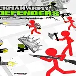 Desen animat cu personaje stickman negre și roșii echipate cu diverse arme și echipamente de luptă
