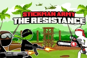 Personaje stil stickman înarmate, cu elicoptere pe fundal și palmieri, însoțite de un titlu mare