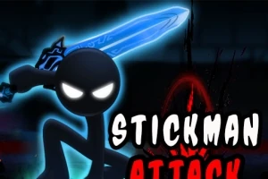 Un personaj stickman cu ochi luminoși ține o sabie albastră strălucitoare, pe un fundal întunecat, cu textul „Stickman Attack” în dreapta