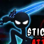 Un personaj stickman cu ochi luminoși ține o sabie albastră strălucitoare, pe un fundal întunecat, cu textul „Stickman Attack” în dreapta