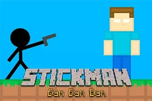 Un omuleț stilizat ține o armă îndreptată spre o figură pătrată într-un fundal albastru, cu textul STICKMAN Bam Bam Bam la bază