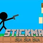 Un omuleț stilizat ține o armă îndreptată spre o figură pătrată într-un fundal albastru, cu textul STICKMAN Bam Bam Bam la bază
