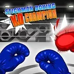 Un bărbat stilizat într-un ring de box, lovind cu o mănușă roșie un adversar cu mănuși albastre, în fața unui public stilizat