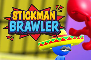 Personaj albastru cu sombrero și mustață alături de textul Stickman Brawler pe fundal colorat