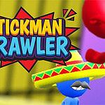 Personaj albastru cu sombrero și mustață alături de textul Stickman Brawler pe fundal colorat