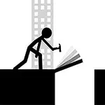 Un omuleț stilizat ține un ciocan și construiește un pod între două platforme negre, cu clădiri gri stilizate în fundal