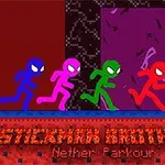 Patru siluete colorate de stickman aleargă pe o platformă în fața unei uși mov, pe un fundal pixelat