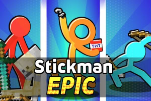 Trei figuri de tip stickman colorate diferit, cu diverse obiecte în mâini, pe un fundal albastru cu titlul Stickman Epic