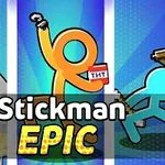 Trei figuri de tip stickman colorate diferit, cu diverse obiecte în mâini, pe un fundal albastru cu titlul Stickman Epic