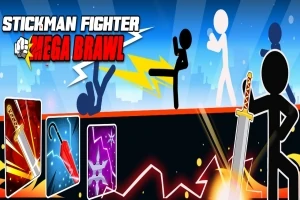 Siluetă de stickman cu sabie într-un decor de luptă vibrantă, având fundal albastru și elemente suplimentare de arme