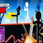 Siluetă de stickman cu sabie într-un decor de luptă vibrantă, având fundal albastru și elemente suplimentare de arme