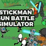 Personaje stil stickman echipate cu arme se luptă într-un peisaj verde, înconjurat de explozii și elemente futuriste