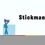 Un personaj animat albastru cu un cap mare, zâmbitor, lângă textul Stickman Huggy, pe un fundal simplu