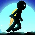 Siluetă de personaj cu jetpack, zburând pe un fundal albastru cu un cerc luminos în spate