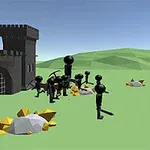 Silhouete de oameni stil stickman cu arme, un castel și peisaj verde colinar