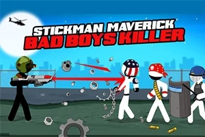 Personaje stilizate stickman într-o confruntare pe un fundal urban cu un elicopter în zbor și textul Stickman Maverick Bad Boys Killer