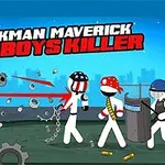 Personaje stilizate stickman într-o confruntare pe un fundal urban cu un elicopter în zbor și textul Stickman Maverick Bad Boys Killer