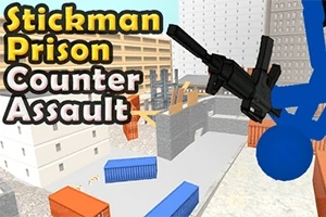 Un personaj stilizat albastru ține o armă într-un mediu urban cu containere colorate, iar textul Stickman Prison Counter Assault este afișat în stânga imaginii