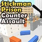 Un personaj stilizat albastru ține o armă într-un mediu urban cu containere colorate, iar textul Stickman Prison Counter Assault este afișat în stânga imaginii