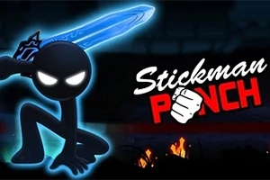 Un personaj stilizat în formă de siluetă cu o sabie albastră și ochi luminoși, alături de textul Stickman Punch cu un pumn desenat