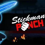 Un personaj stilizat în formă de siluetă cu o sabie albastră și ochi luminoși, alături de textul Stickman Punch cu un pumn desenat