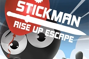 Un personaj de tip stickman cu ochi mari, în fundal un cer albastru și un balon roșu cu text alb ce conține cuvinte și un design de sabie