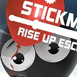 Un personaj de tip stickman cu ochi mari, în fundal un cer albastru și un balon roșu cu text alb ce conține cuvinte și un design de sabie