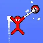 Personaj roșu în stil pixel, suspendat în aer, ținând o unealtă albă cu o ventuză roșie, pe un fundal albastru deschis
