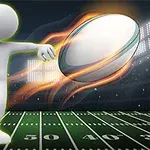 Siluetă albă pe un teren de fotbal american, aruncând o minge ovală cu o traiectorie de foc în fundal