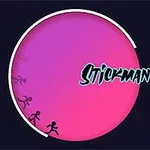 Cerc roz și mov cu siluete de stickman în mișcare pe fundal închis și text stilizat