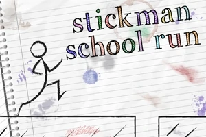 Un omuleț stilizat desenat pe un caiet cu linii, alături de textul stickman school run în culori variate
