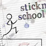 Un omuleț stilizat desenat pe un caiet cu linii, alături de textul stickman school run în culori variate