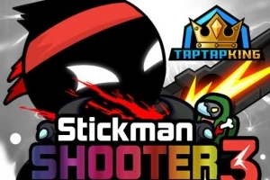 Siluetă de stickman cu o bandană roșie și arme, luptându-se cu un zombi, cu text colorat Stickman Shooter 3 și un logo cu o coroană