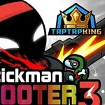 Siluetă de stickman cu o bandană roșie și arme, luptându-se cu un zombi, cu text colorat Stickman Shooter 3 și un logo cu o coroană