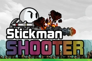 Un personaj stickman care trage cu o armă ce produce foc și fum, cu textul „Stickman Shooter” în fața unui fundal cu nori și peisaj