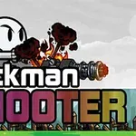 Un personaj stickman care trage cu o armă ce produce foc și fum, cu textul „Stickman Shooter” în fața unui fundal cu nori și peisaj
