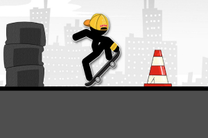 Siluetă stilizată pe skateboard sărind peste o rampă, cu fundal urban și un con de trafic