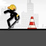 Siluetă stilizată pe skateboard sărind peste o rampă, cu fundal urban și un con de trafic