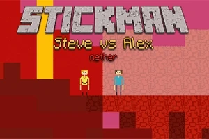 Personaje pixelate în stil stickman pe un fundal roșu și roz cu text scris deasupra