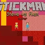 Personaje pixelate în stil stickman pe un fundal roșu și roz cu text scris deasupra