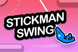 Un stickman albastru suspendat de o frânghie pe un fundal roz cu textul Stickman Swing