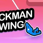 Un stickman albastru suspendat de o frânghie pe un fundal roz cu textul Stickman Swing