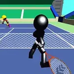 Două personaje stilizate joacă tenis pe un teren albastru, într-un stadion cu tribune verzi și gradene colorate