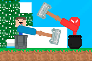 Două personaje pixelate, fiecare într-un recipient, ținând ciocane mari, unul purtând albastru și celălalt roșu, pe un fundal de cer albastru și copac verde