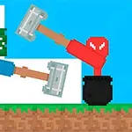 Două personaje pixelate, fiecare într-un recipient, ținând ciocane mari, unul purtând albastru și celălalt roșu, pe un fundal de cer albastru și copac verde