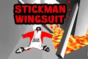 Un personaj stilizat zboară într-un costum wingsuit deasupra unui peisaj cu lavă și structuri geometrice, cu textul Stickman: Wingsuit deasupra