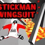 Un personaj stilizat zboară într-un costum wingsuit deasupra unui peisaj cu lavă și structuri geometrice, cu textul Stickman: Wingsuit deasupra