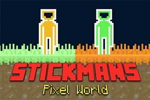 Două figuri stilizate de stickman, una portocalie și una verde, stau pe un fundal pixelat împărțit pe verticală, cu textul Stickmans Pixel World dedesubt